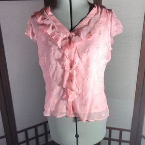 Sheer eyelet silk blouse and camisole by Tess in soft pink buttons down front